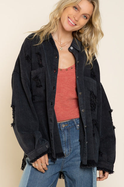 Fringe Distressed Oversized Jacket - Tigbul's Variety Fashion Shop