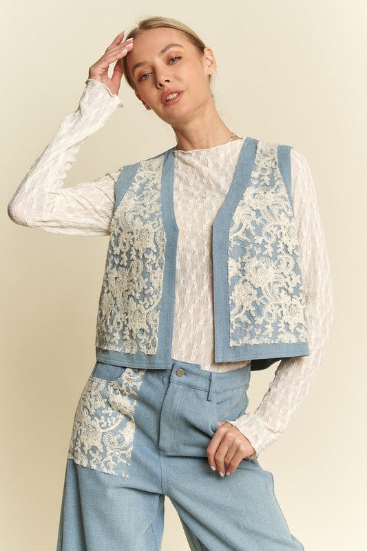 Light Blue Lace Patch Open Front Denim Vest - Tigbul's Variety Fashion Shop