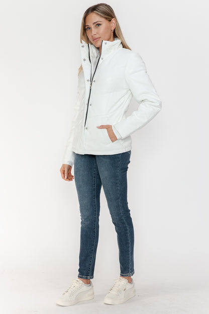 White Pocketed Zip Up Turtleneck Puffer Jacket