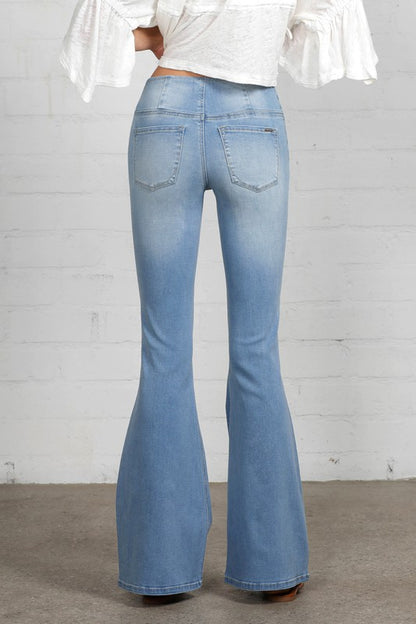 Mid Rise Light Wash Banded Wide Flare Jeans - Tigbul's Variety Fashion Shop