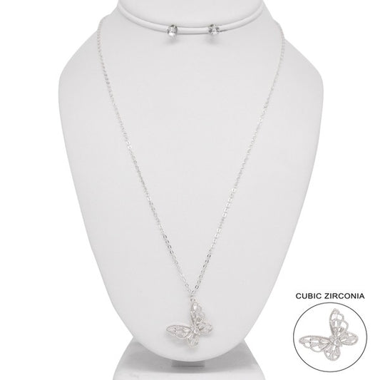 RHINESTONE BUTTERFLY PENDANT NECKLACE EARRING SET - Tigbul's Variety Fashion Shop