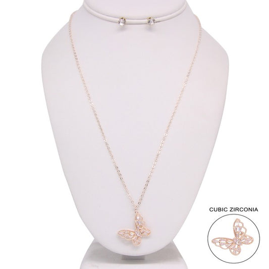 RHINESTONE BUTTERFLY PENDANT NECKLACE EARRING SET - Tigbul's Variety Fashion Shop