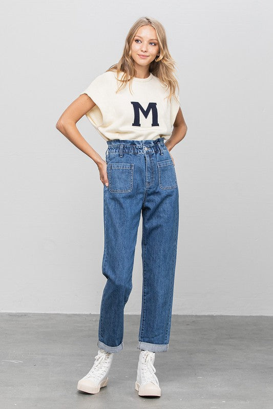 High Rise Paper Bag Waist Slouch Jeans - Tigbul's Variety Fashion Shop