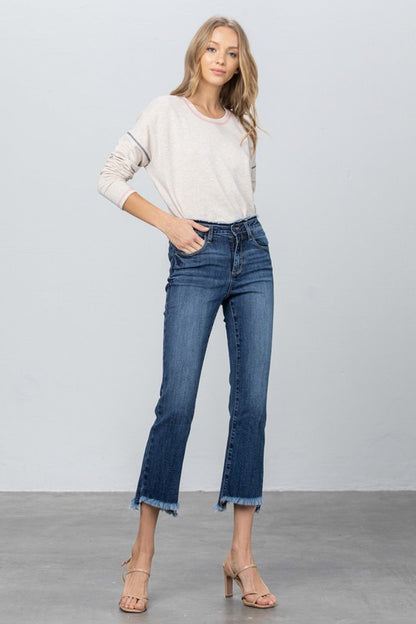 FRAY WAISTBAND DETAIL CROP BOOT CUT JEANS - Tigbuls Variety Fashion