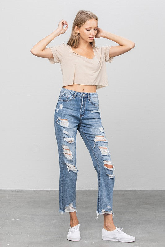 High Waist Ripped Raw Hem Girlfriend Jeans - Tigbuls Variety Fashion