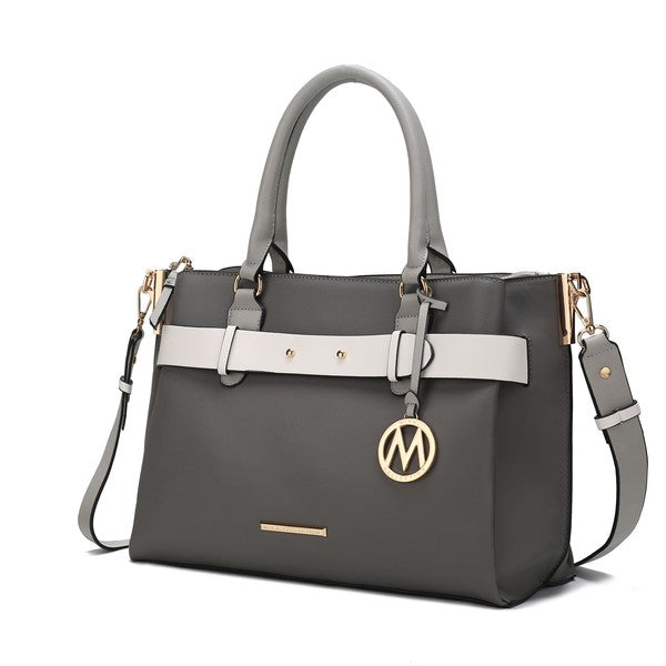 Charcoal gray Jamie satchel with white belt strap and gold-tone M logo charm, one size