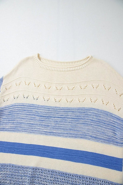 Openwork Striped Knit Long Sleeve Sweater - Tigbul's Variety Fashion Shop