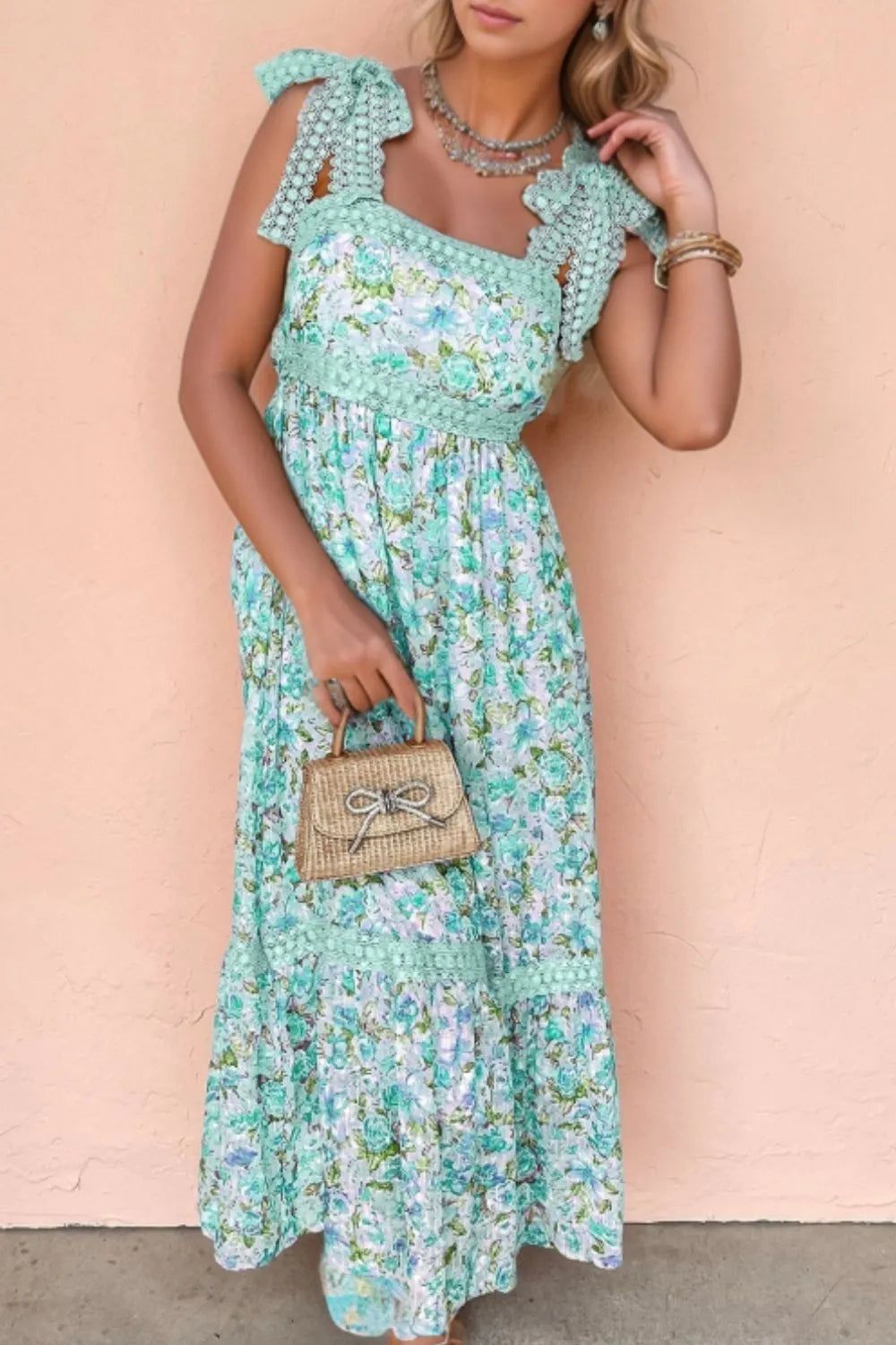 Turquoise Lace Detail Square Neck Floral Dress - Tigbul's Variety Fashion Shop
