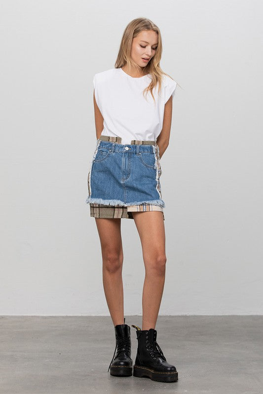 PLAID CHECKER DENIM MINI SKIRT - Tigbul's Variety Fashion Shop