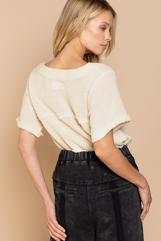 Half Sleeve V-neck Waffle Knit Top - Tigbul's Variety Fashion Shop