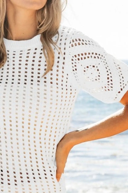 Crochet Knit Off White Cover Up With Puff Sleeves - Tigbul's Variety Fashion Shop