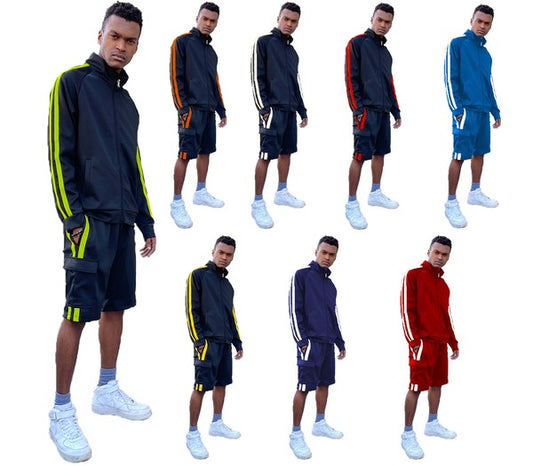 Two Stripe Cargo Pocket Track Jacket Short Suit - Tigbul's Variety Fashion Shop