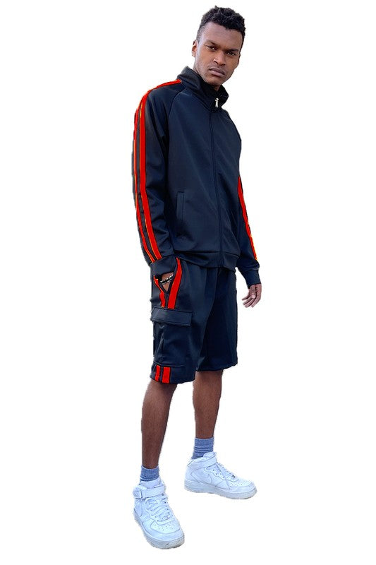 Two Stripe Cargo Pocket Track Jacket Short Suit - Tigbul's Variety Fashion Shop