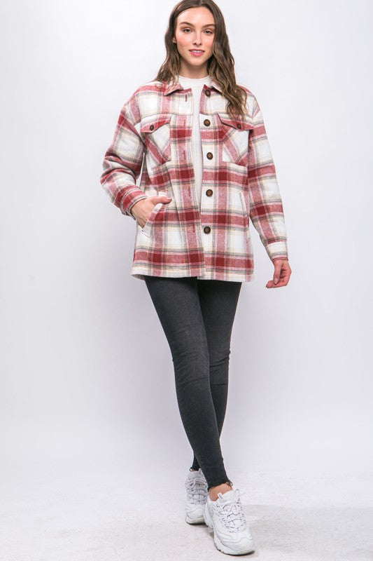 Plaid Button Up Jacket with Sherpa Lining - Tigbul's Variety Fashion Shop