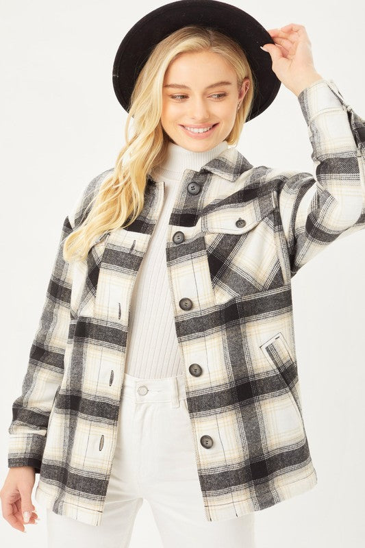 Plaid Button Up Jacket with Sherpa Lining - Tigbul's Variety Fashion Shop