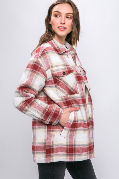 Plaid Button Up Jacket with Sherpa Lining - Tigbul's Variety Fashion Shop