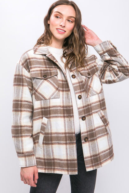 Plaid Button Up Jacket with Sherpa Lining - Tigbul's Variety Fashion Shop