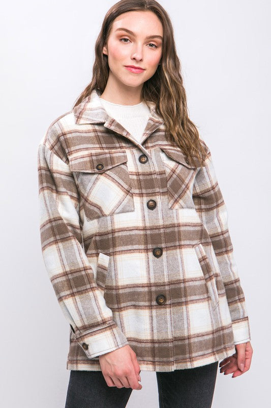 Plaid Button Up Jacket with Sherpa Lining - Tigbul's Variety Fashion Shop