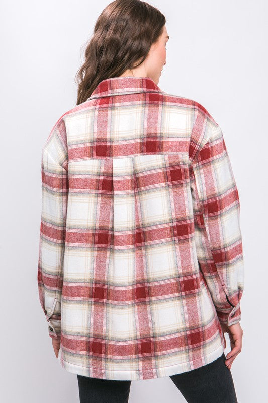 Plaid Button Up Jacket with Sherpa Lining - Tigbul's Variety Fashion Shop