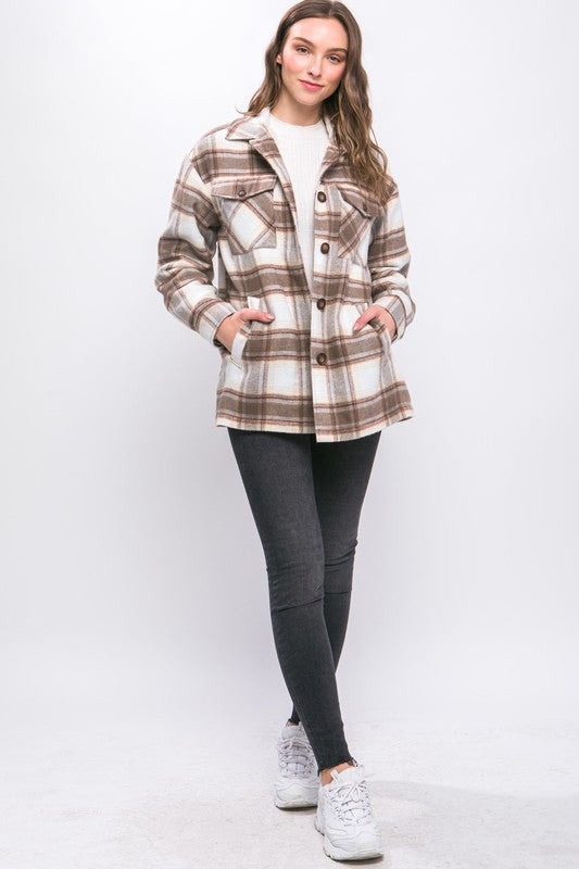 Plaid Button Up Jacket with Sherpa Lining - Tigbul's Variety Fashion Shop