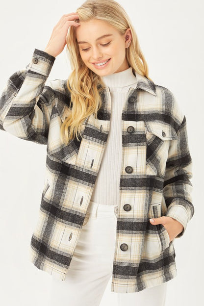 Plaid Button Up Jacket with Sherpa Lining - Tigbul's Variety Fashion Shop