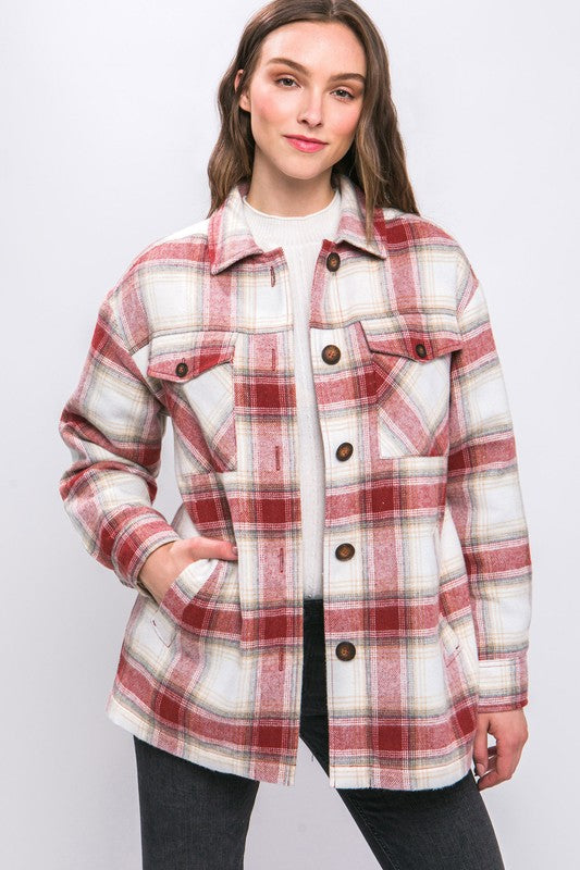 Plaid Button Up Jacket with Sherpa Lining - Tigbul's Variety Fashion Shop