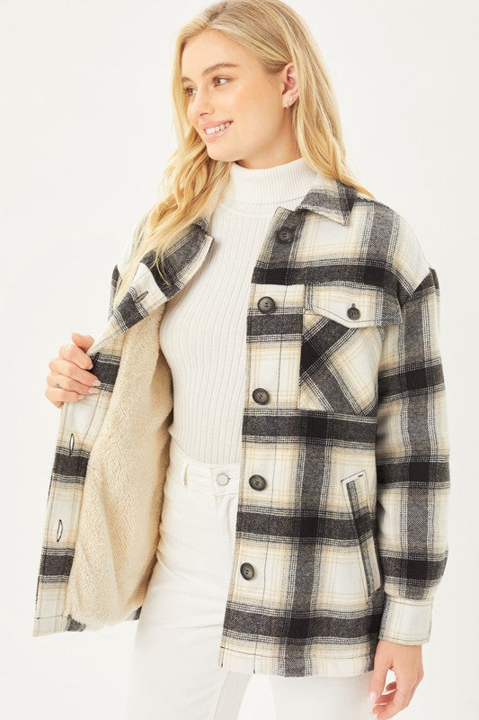 Plaid Button Up Jacket with Sherpa Lining - Tigbul's Variety Fashion Shop