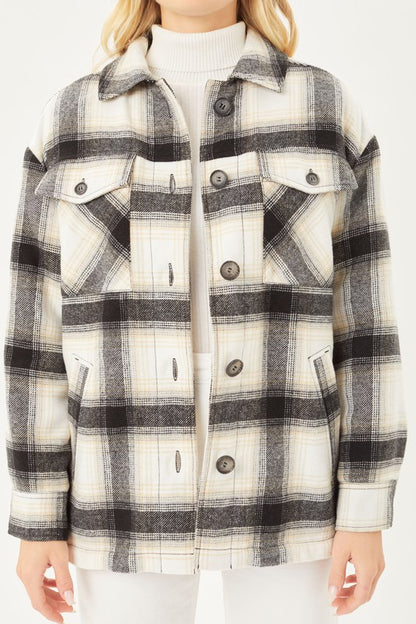 Plaid Button Up Jacket with Sherpa Lining - Tigbul's Variety Fashion Shop