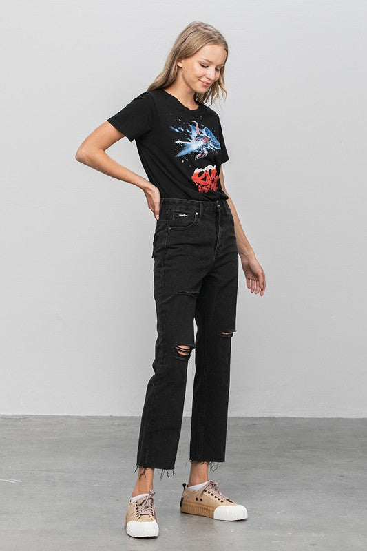 High Waist Ripped Raw Hem Crop Straight Jeans - Tigbuls Variety Fashion