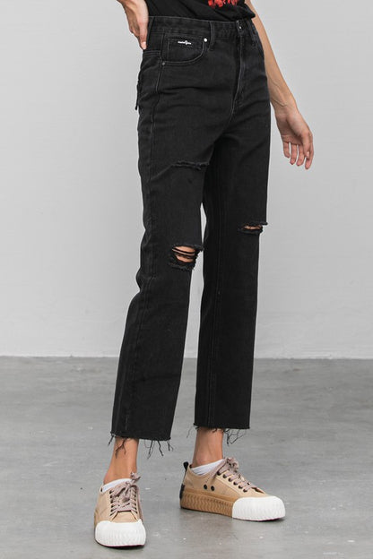 High Waist Ripped Raw Hem Crop Straight Jeans - Tigbuls Variety Fashion