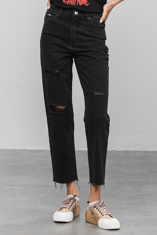 High Waist Ripped Raw Hem Crop Straight Jeans - Tigbuls Variety Fashion