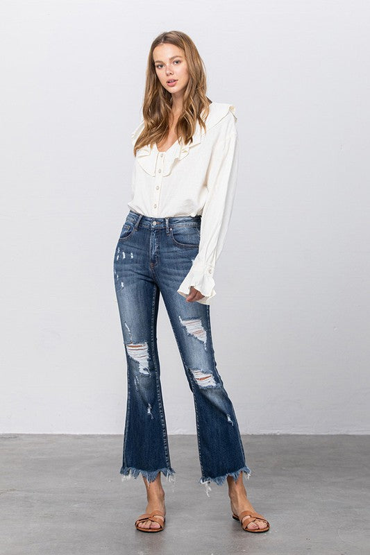 Stretch Mid Rise Crop Flare Jeans - Tigbuls Variety Fashion