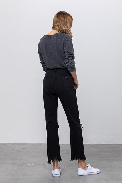 High Waist Ripped Frayed Hem Straight Jeans - Tigbuls Variety Fashion