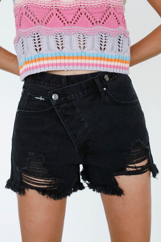 High Waist Crossover Denim Mom Shorts - Tigbul's Variety Fashion Shop