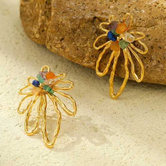 18K Gold-Plated Natural Stone Flower Earrings - Tigbul's Variety Fashion Shop