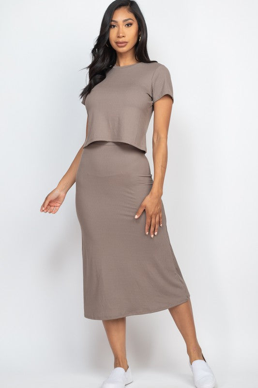 Ribbed crop top and midi skirt set in taupe-brown, short sleeves, fitted midi skirt