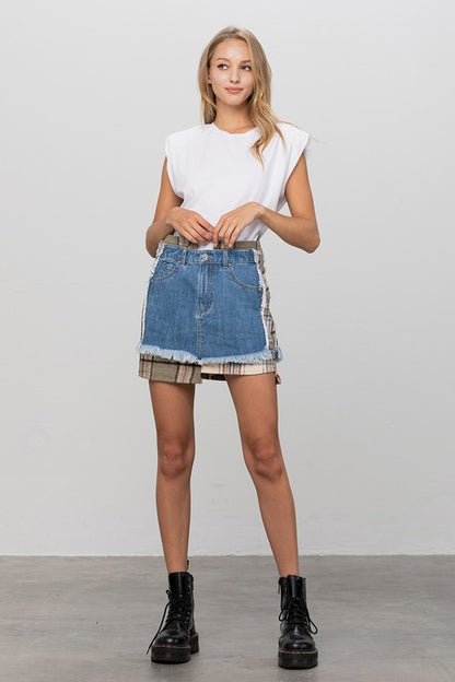 Plaid Checker Mini Denim Skirt - Tigbuls Variety Fashion