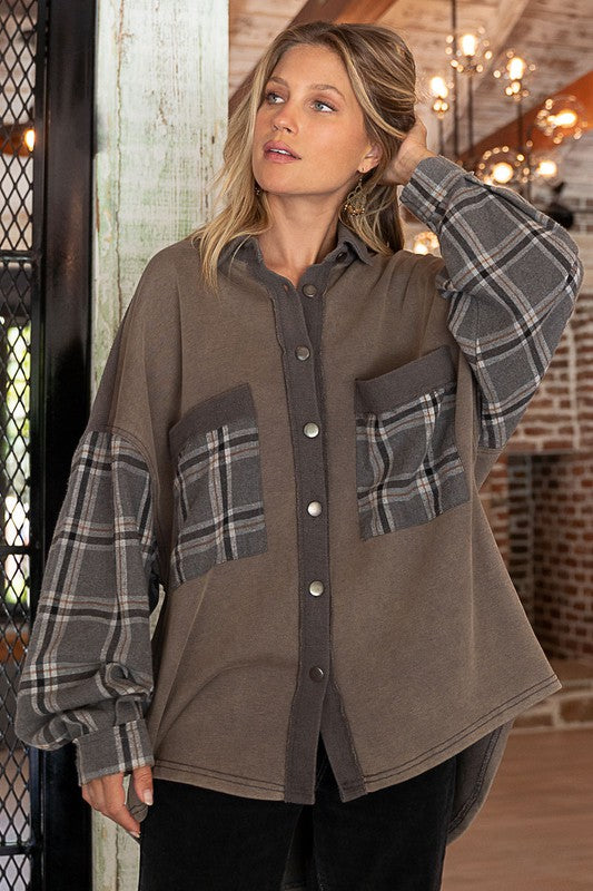 Long Sleeve With Plaid Detail Sleeve Shacket - Tigbul's Variety Fashion Shop