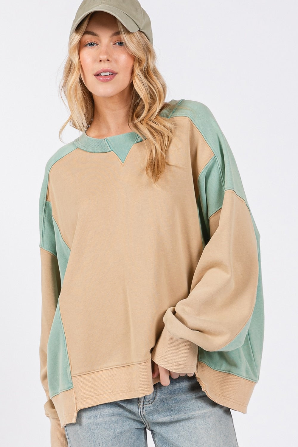 SAGE + FIG Color Block Round Neck Sweatshirt - Tigbul's Variety Fashion Shop