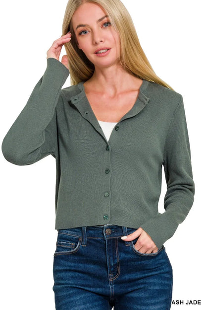 Zenana Button-Front Crewneck Long Sleeve Cropped Cardigan - Tigbul's Variety Fashion Shop