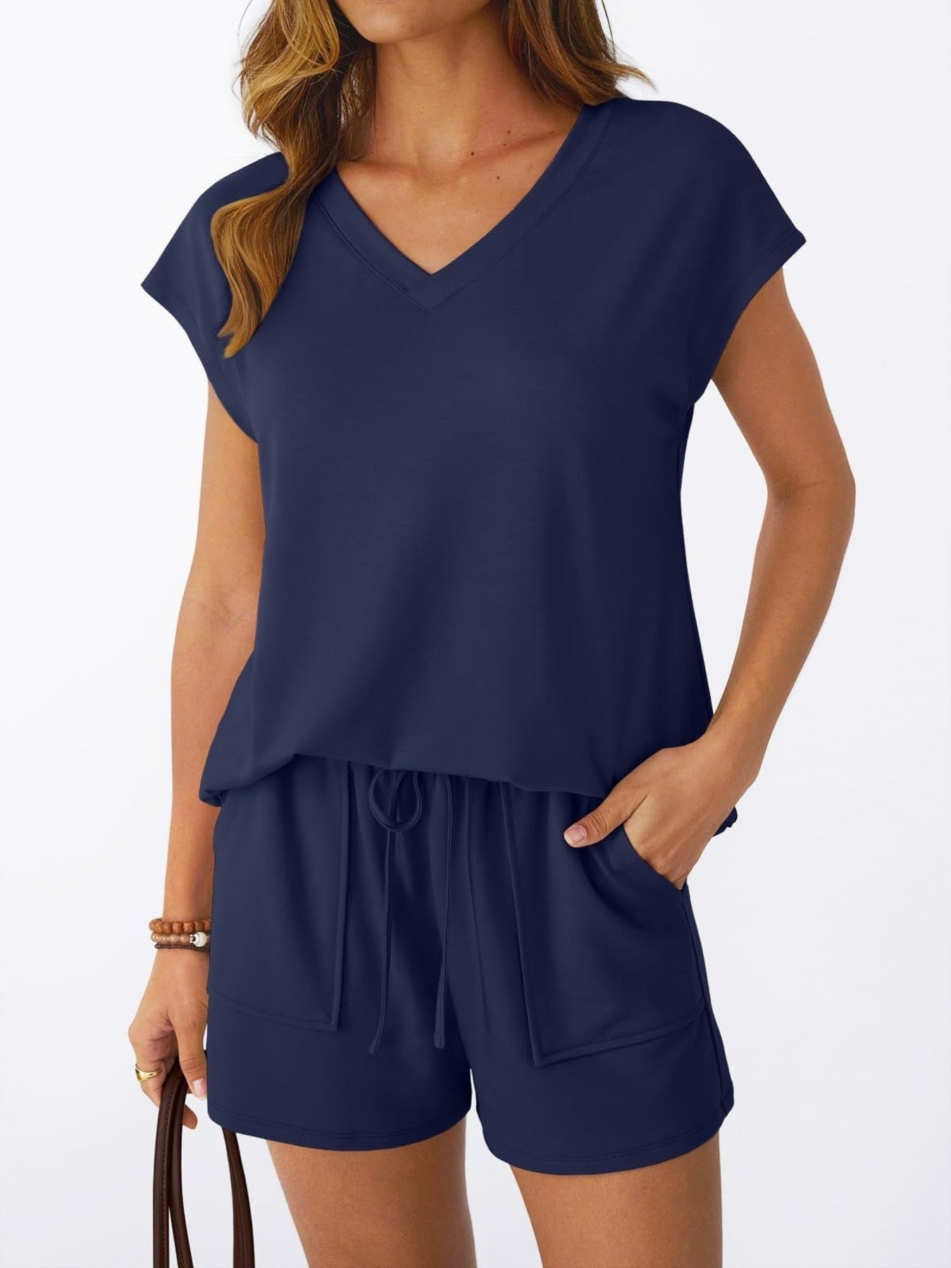 Navy V-neck t-shirt and drawstring shorts set, front view