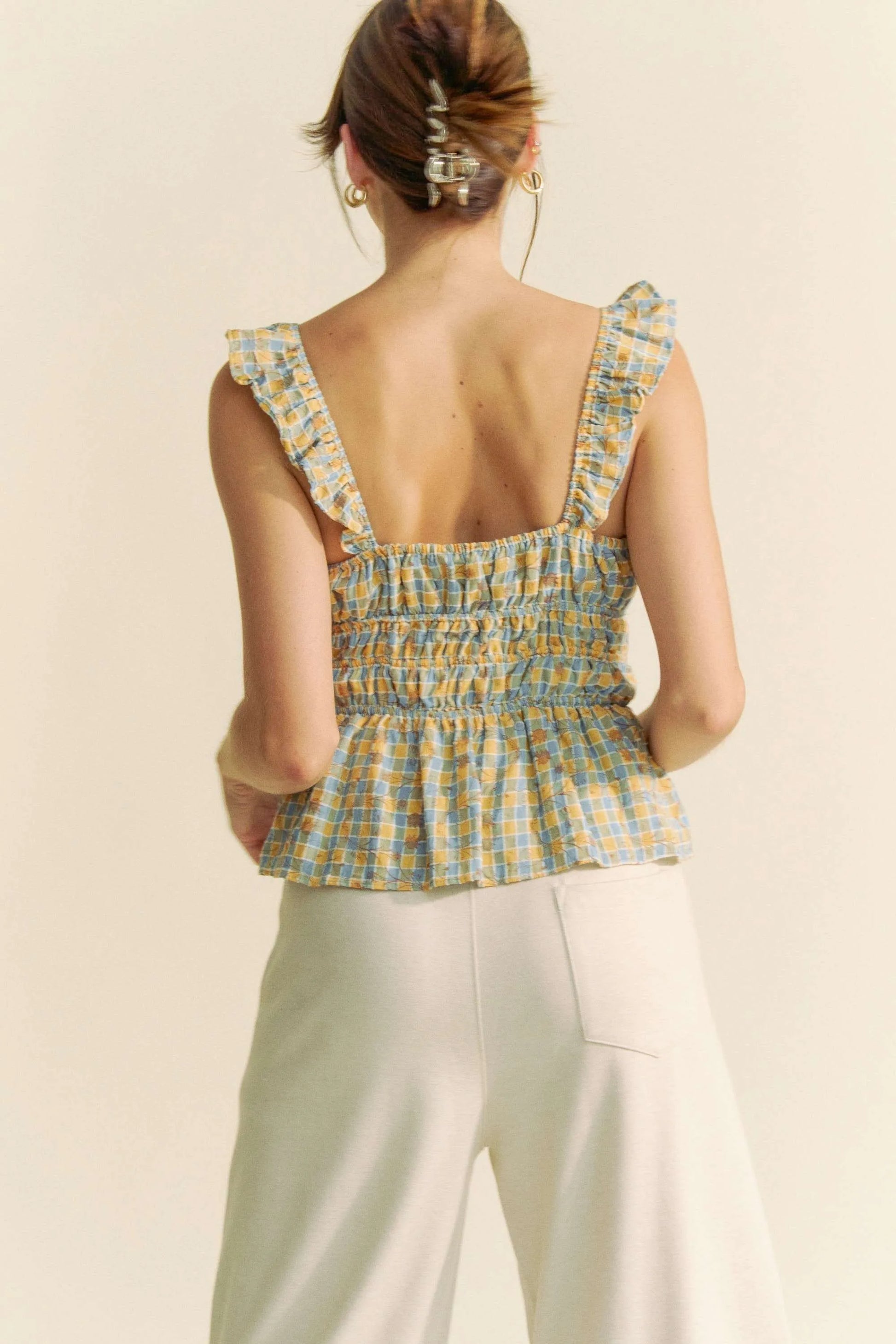 Plaid Ruffled Strap Smocked Blue Sleeveless Top - Tigbul's Variety Fashion Shop