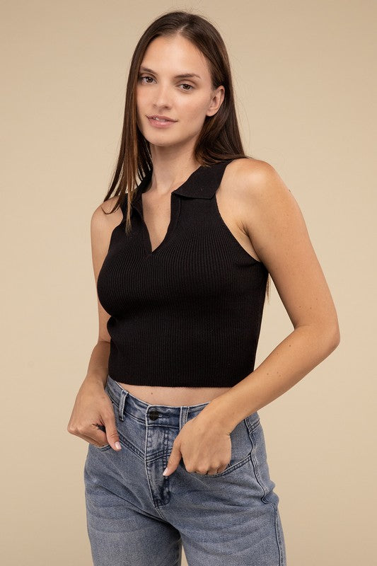 Sleeveless Collared Crop Knit Top - Tigbul's Variety Fashion Shop