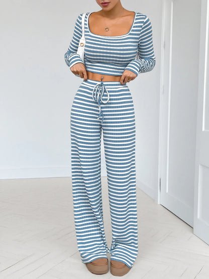 Striped Square Neck Long Sleeve Top and Pants Lounge Set - Tigbul's Variety Fashion Shop