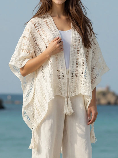 Openwork Tassel Open Front Knit Cover Up - Tigbul's Variety Fashion Shop