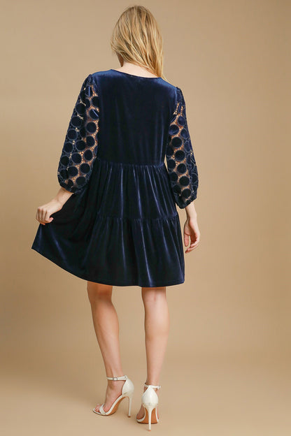 Umgee Dotted Lace Sleeve Tiered Velvet Mini Dress - Tigbul's Variety Fashion Shop