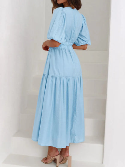 V-Neck Puff Sleeve Midi Dress - Tigbul's Variety Fashion Shop