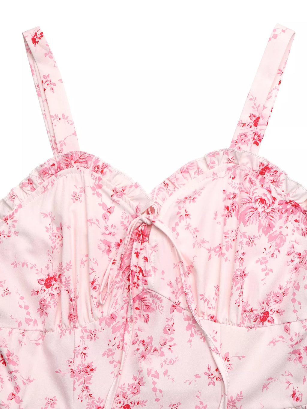 Close-up of pink floral cami dress bodice with ruffled frill and drawstring tie