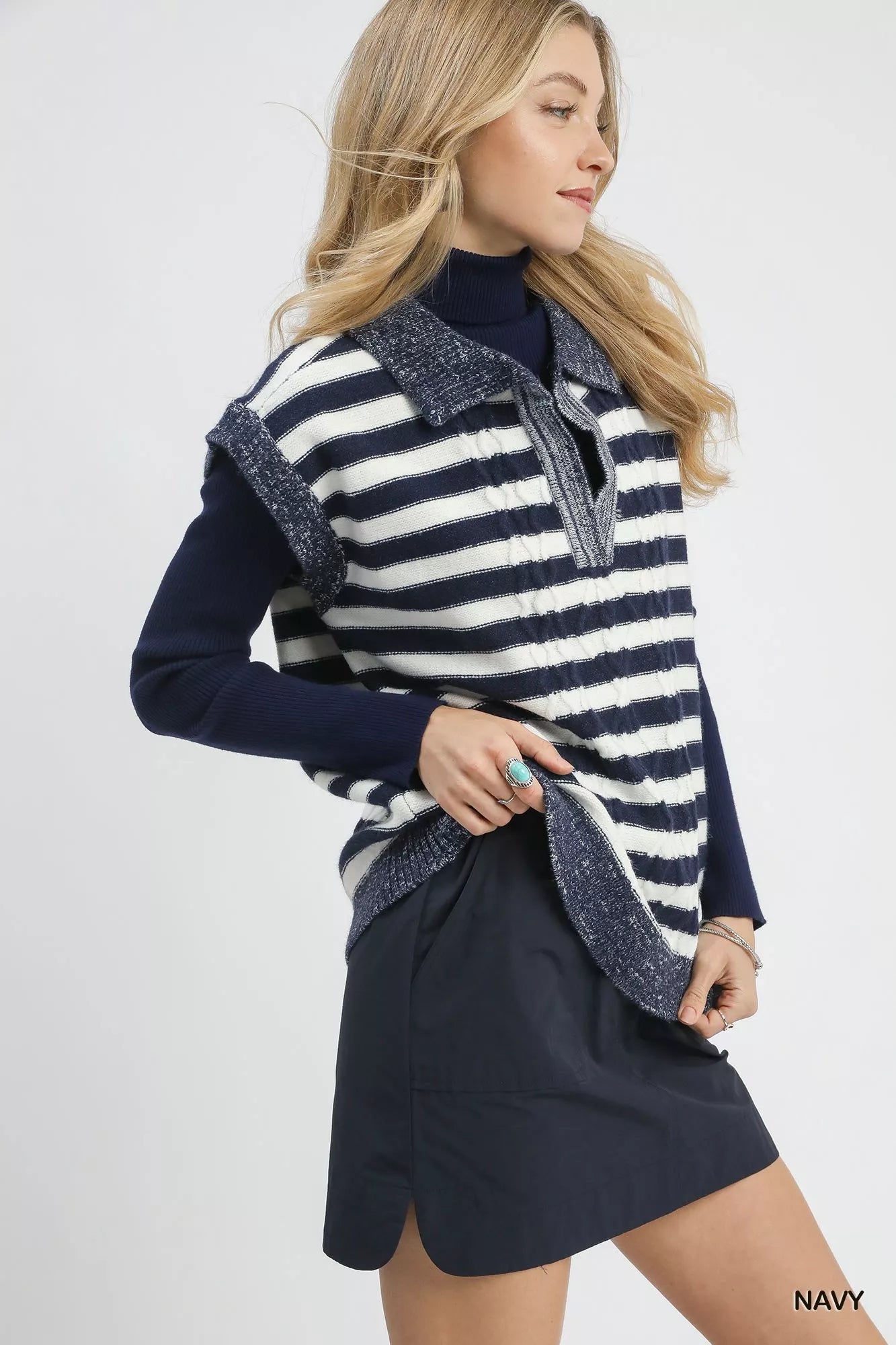 Umgee Cable Knit Collared Striped Vest Sweater - Tigbul's Variety Fashion Shop