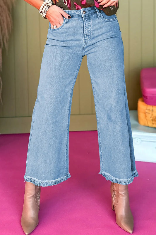 High-Waisted Wide Leg Frayed Hem Jeans - Tigbul's Variety Fashion Shop